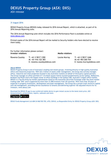 Thumbnail Dexus Annual Report 2016