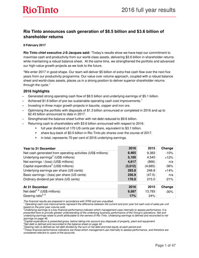 Thumbnail Rio Tinto Financial Report 2016