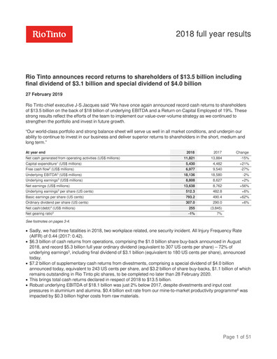 Thumbnail Rio Tinto Financial Report 2018
