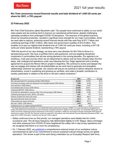 Thumbnail Rio Tinto Financial Report 2021