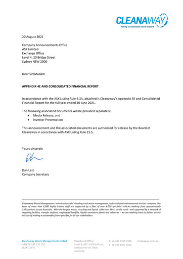 Miniature Cleanaway Waste Management Bilan financier 2021