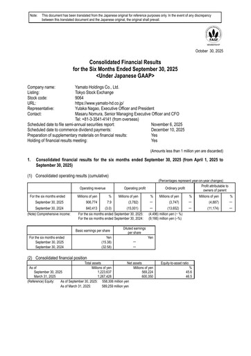 Thumbnail Yamato Holdings Half-year Report 2026-h1
