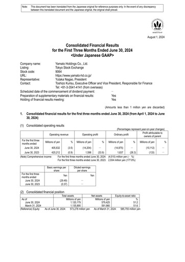 Miniature Yamato Holdings Rapport trimestriel 2025-q1