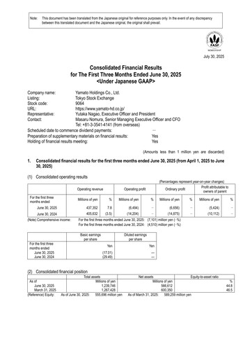 Miniature Yamato Holdings Rapport trimestriel 2026-q1