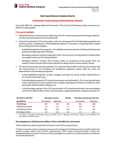 Miniature Coca-Cola HBC Rapport trimestriel 2018-q1