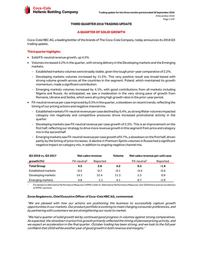 Miniature Coca-Cola HBC Rapport trimestriel 2018-q3