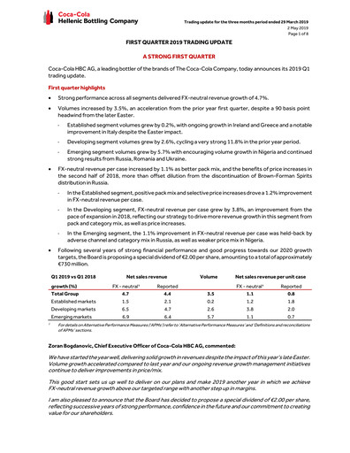 Miniature Coca-Cola HBC Rapport trimestriel 2019-q1