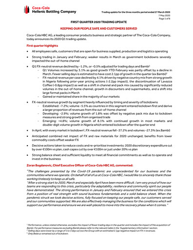 Miniature Coca-Cola HBC Rapport trimestriel 2020-q1