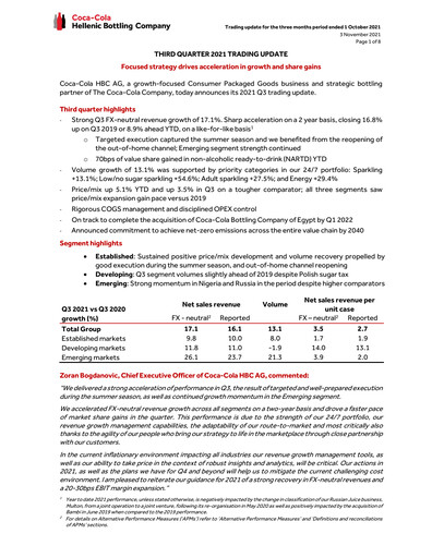 Miniature Coca-Cola HBC Rapport trimestriel 2021-q3