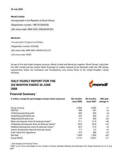 Thumbnail Mondi
 Half-year Report 2008-h1