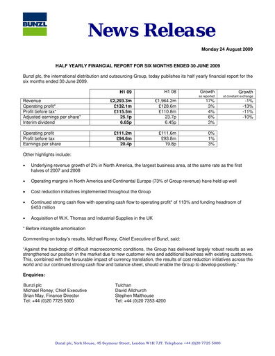 Miniature Bunzl Rapport semestriel 2009