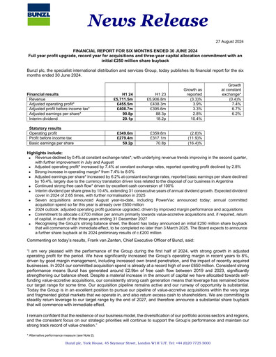 Miniature Bunzl Rapport semestriel 2024