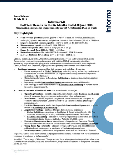 Miniature Informa plc Rapport semestriel 2015-h1