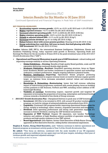 Miniature Informa plc Rapport semestriel 2016-h1