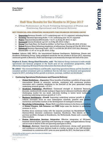 Miniature Informa plc Rapport semestriel 2017-h1