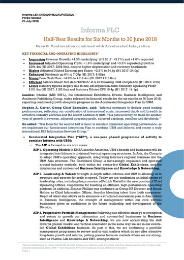 Miniature Informa plc Rapport semestriel 2018-h1