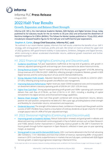Miniature Informa plc Rapport semestriel 2022-h1