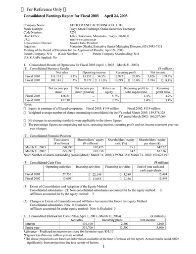 Thumbnail Koito Manufacturing Financial Statement fy2003