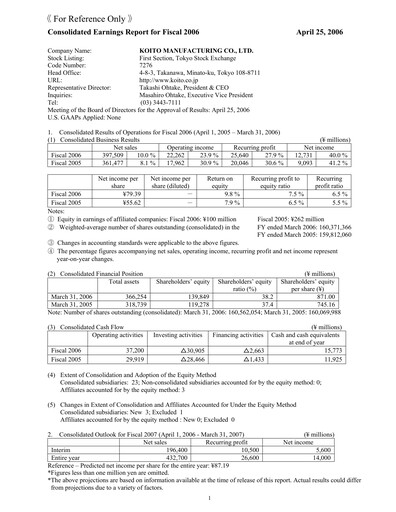 Thumbnail Koito Manufacturing Financial Statement fy2006