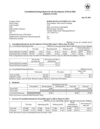 Vorschaubild Koito Manufacturing Quartalsbericht 2026-q1