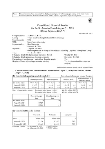 Miniature Toho Co. Rapport semestriel 2026-h1