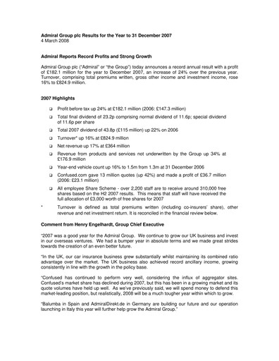 Thumbnail Admiral Group Financial Report 2007