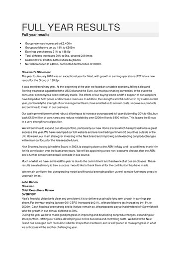 Thumbnail Next plc
 Financial Report 2009-2010