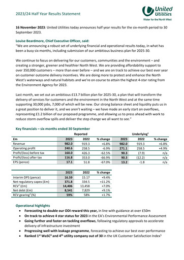 Miniature United Utilities Rapport semestriel 2023-2024