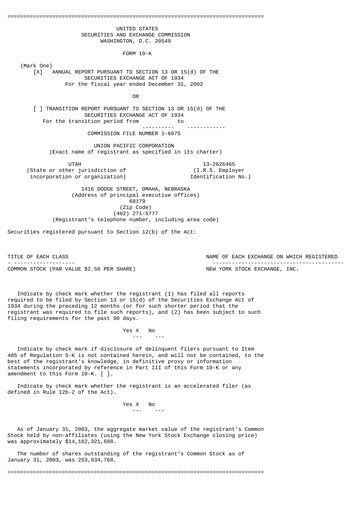 Thumbnail Union Pacific Corporation Annual Report 2002