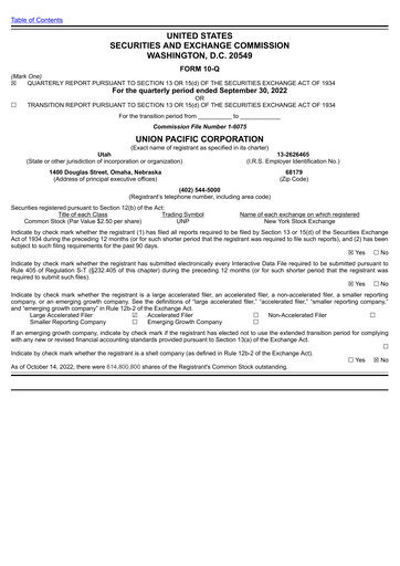 Miniature Union Pacific Corporation Rapport trimestriel 2022-q3