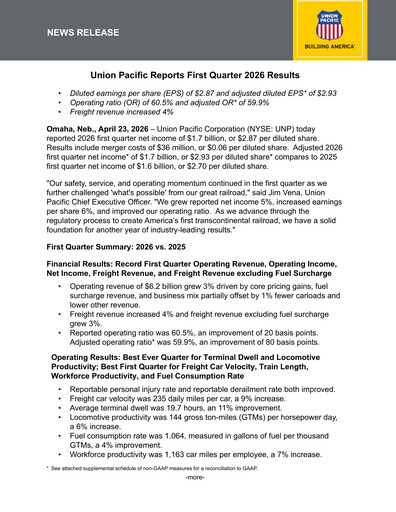 Thumbnail Union Pacific Corporation Quarterly Report 2026-q1
