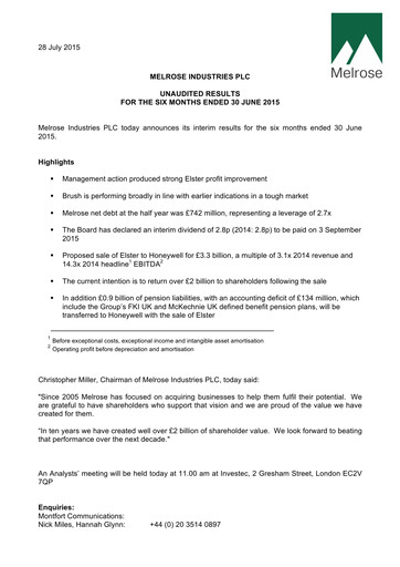 Thumbnail Melrose Industries Half-year Report 2015-h1