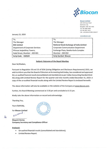 Thumbnail Biocon Quarterly Report 2019-q3