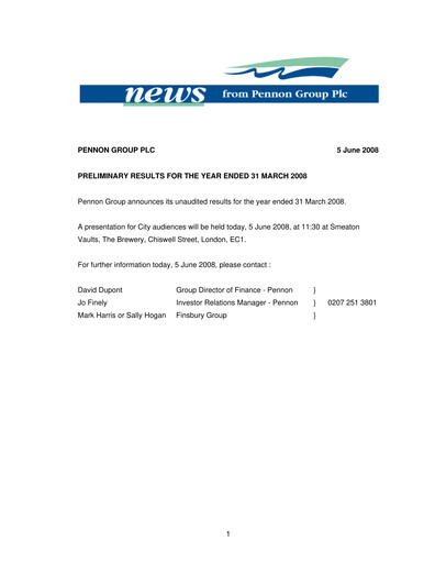 Thumbnail Pennon Group Financial Report 2008