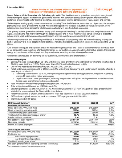 Thumbnail Sainsbury's
 Half-year Report 2024-h1