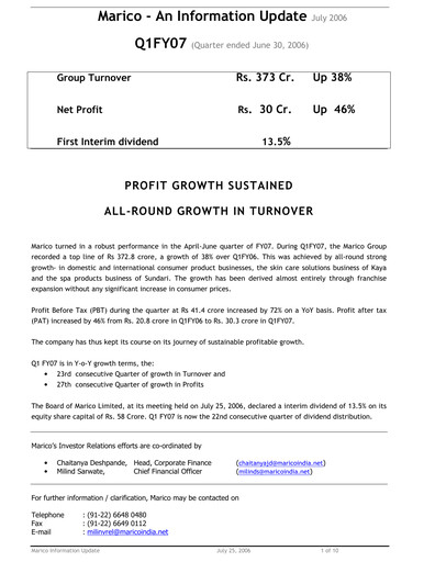 Thumbnail Marico
 Quarterly Report 2006-q1