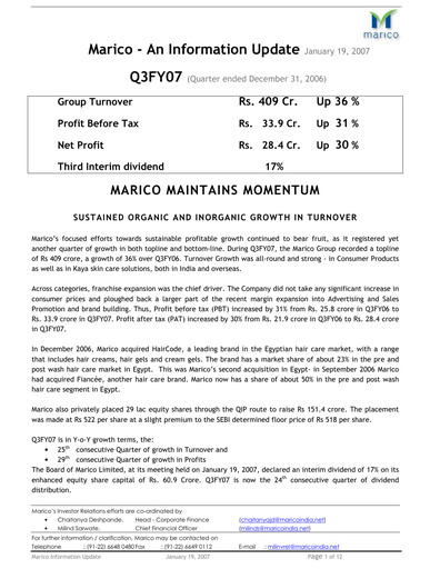 Thumbnail Marico
 Quarterly Report 2006-q3