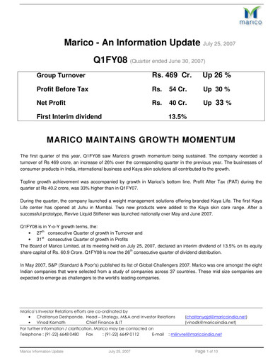 Thumbnail Marico
 Quarterly Report 2007-q1