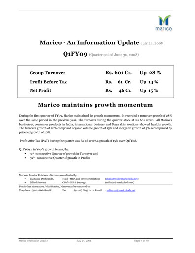 Thumbnail Marico
 Quarterly Report 2008-q1