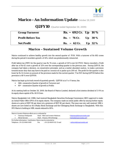 Thumbnail Marico
 Quarterly Report 2009-q2