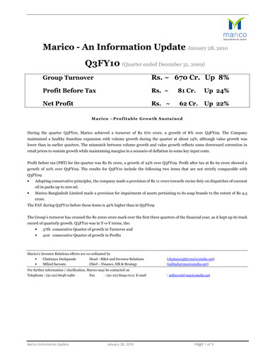 Thumbnail Marico
 Quarterly Report 2009-q3