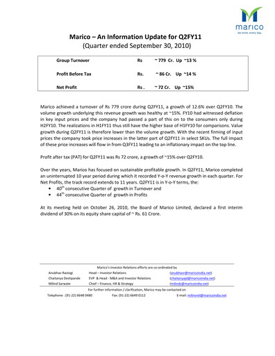 Thumbnail Marico
 Quarterly Report 2010-q2
