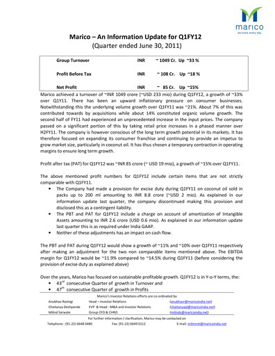 Thumbnail Marico
 Quarterly Report 2011-q1