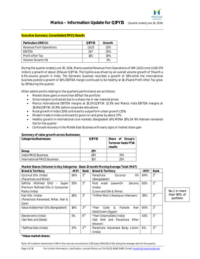 Thumbnail Marico
 Quarterly Report 2014-q1