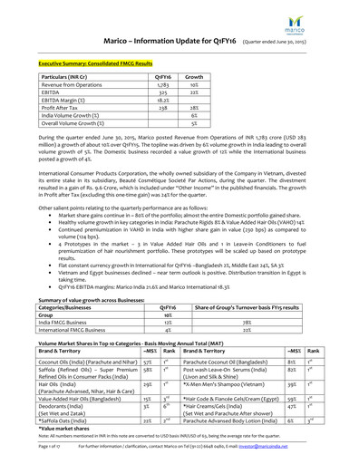 Thumbnail Marico
 Quarterly Report 2015-q1