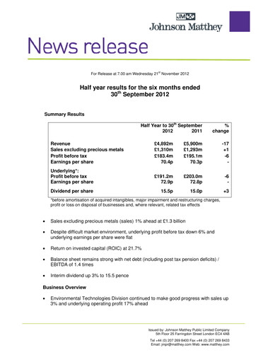Thumbnail Johnson Matthey Half-year Report 2012-h1