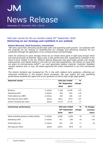 Thumbnail Johnson Matthey Half-year Report 2018-h1