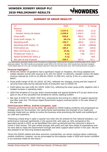 Thumbnail Howden Joinery Financial Report 2020