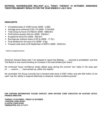 Thumbnail Bellway Financial Report 2010
