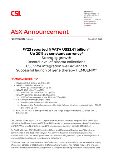 Miniature CSL Rapport financier 2023